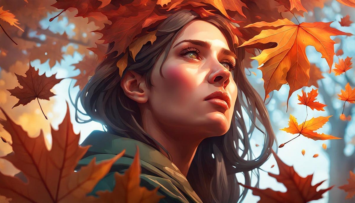 Sad woman gazing up at falling leaves