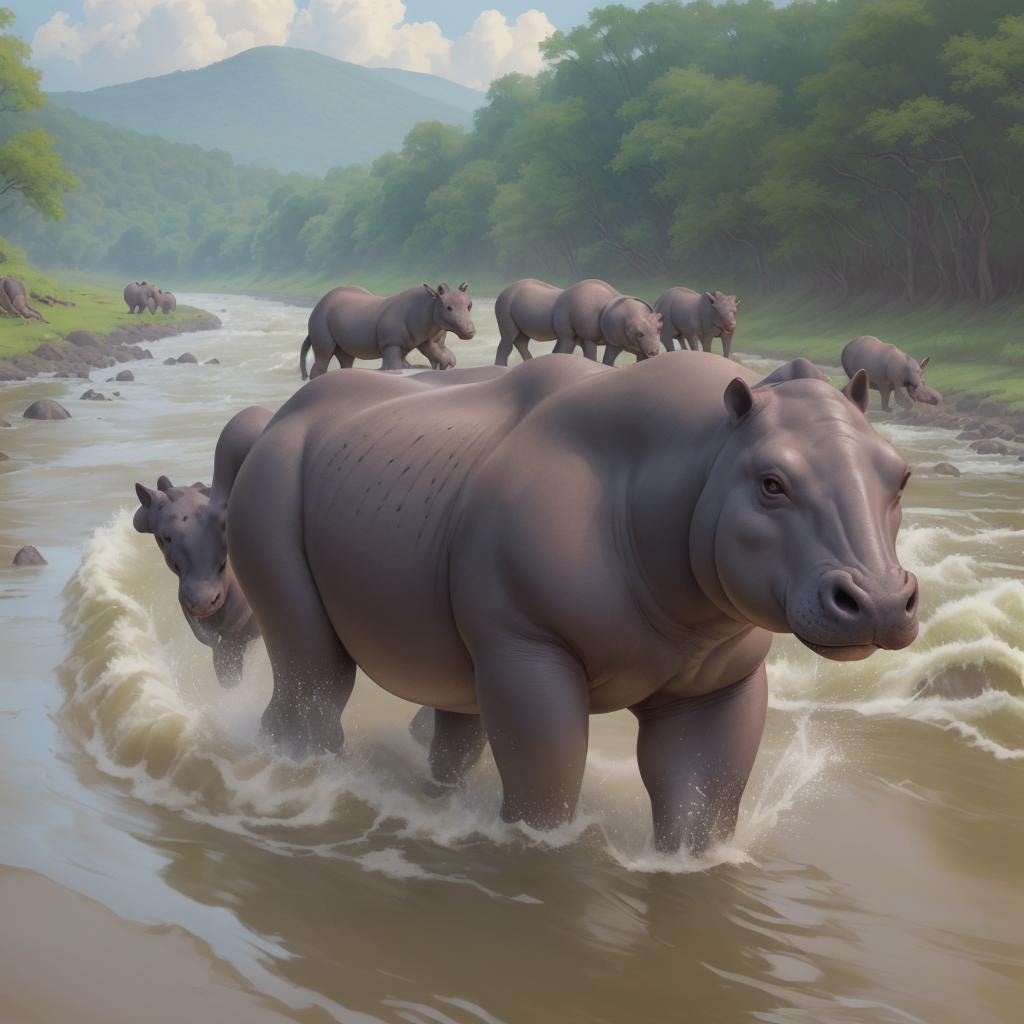 A stampeding herd of hippopotamuses in a river. There is a baby hippopotamus at the front of the herd. A lemur is riding the baby hippopotamus.