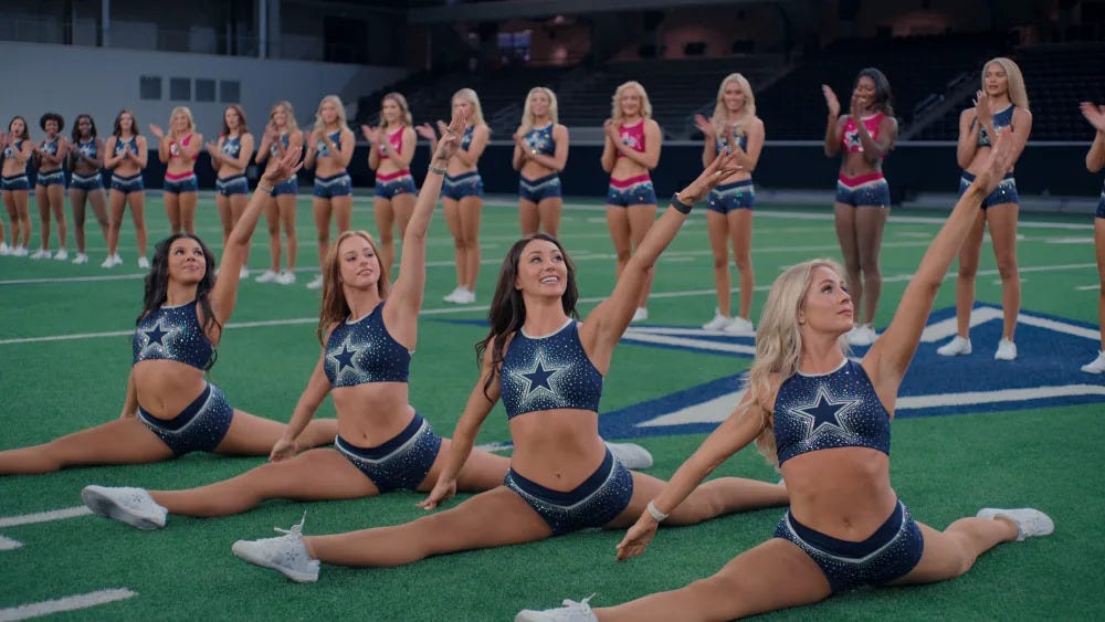 Four cheerleaders demonstrate the Dallas Cowboys Cheerleaders famous jump split on Netflix's America's Sweethearts Dallas Cowboys Cheerleaders