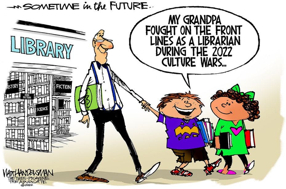 Editorial cartoon: A librarian survives the culture wars
