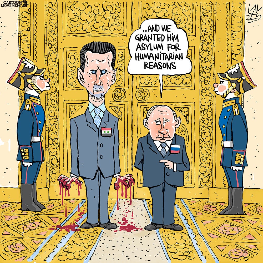 Cartoon showing Assad walking into the golden palace of Putin. He has blood on his hands, while Putin is saying: ‘…and we granted him asylum for humanitarian reasons’.