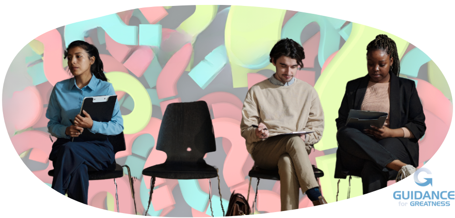 three young job candidates sitting in chairs with one empty chair and colorful question marks in the background. the image in in the shape of a rough oval.
