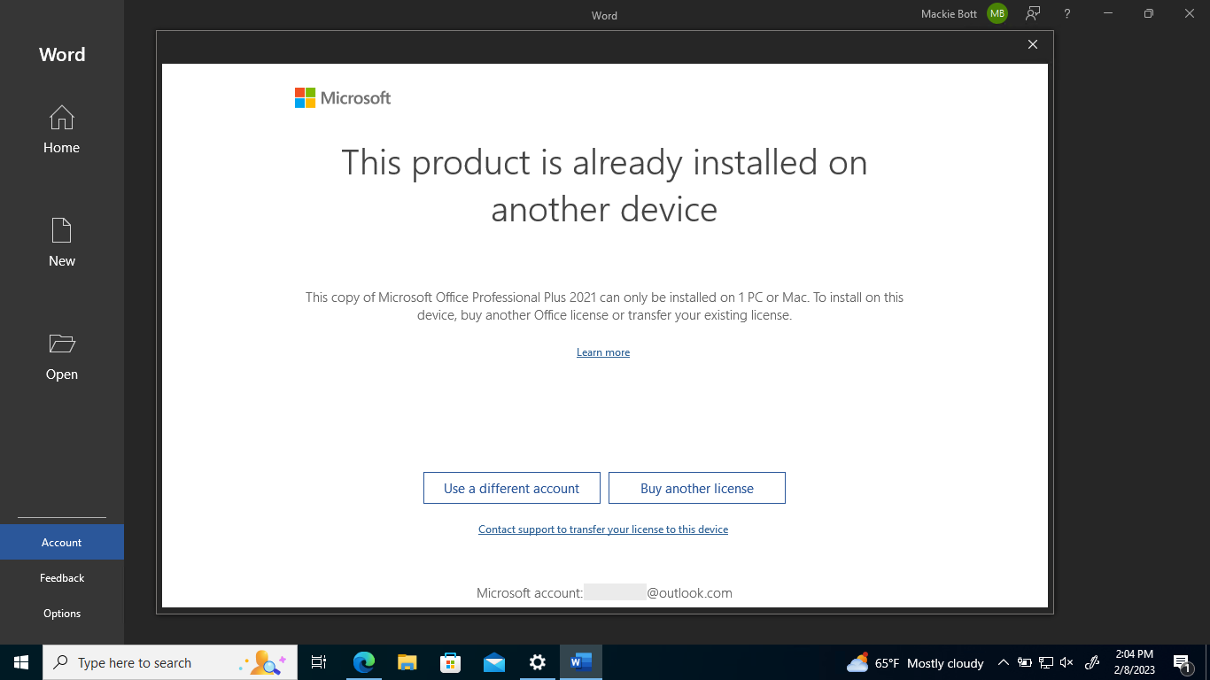 Screenshot of a dialog that reads "This product is already installed on another device."
