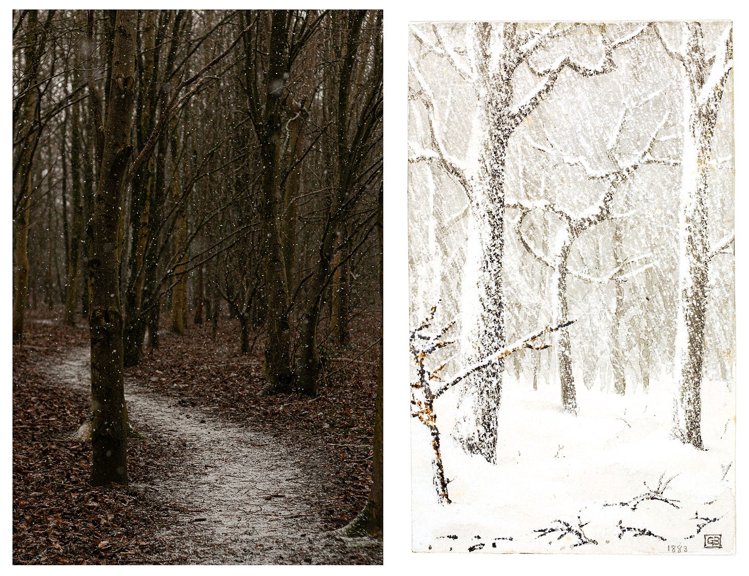 Right image is a photograph of light snow falling through a sparse winter woodland, a path winding through the trees, is filling with snow. Left image is a painting of heavy snow falling in a woodland, the ground is completely white. 