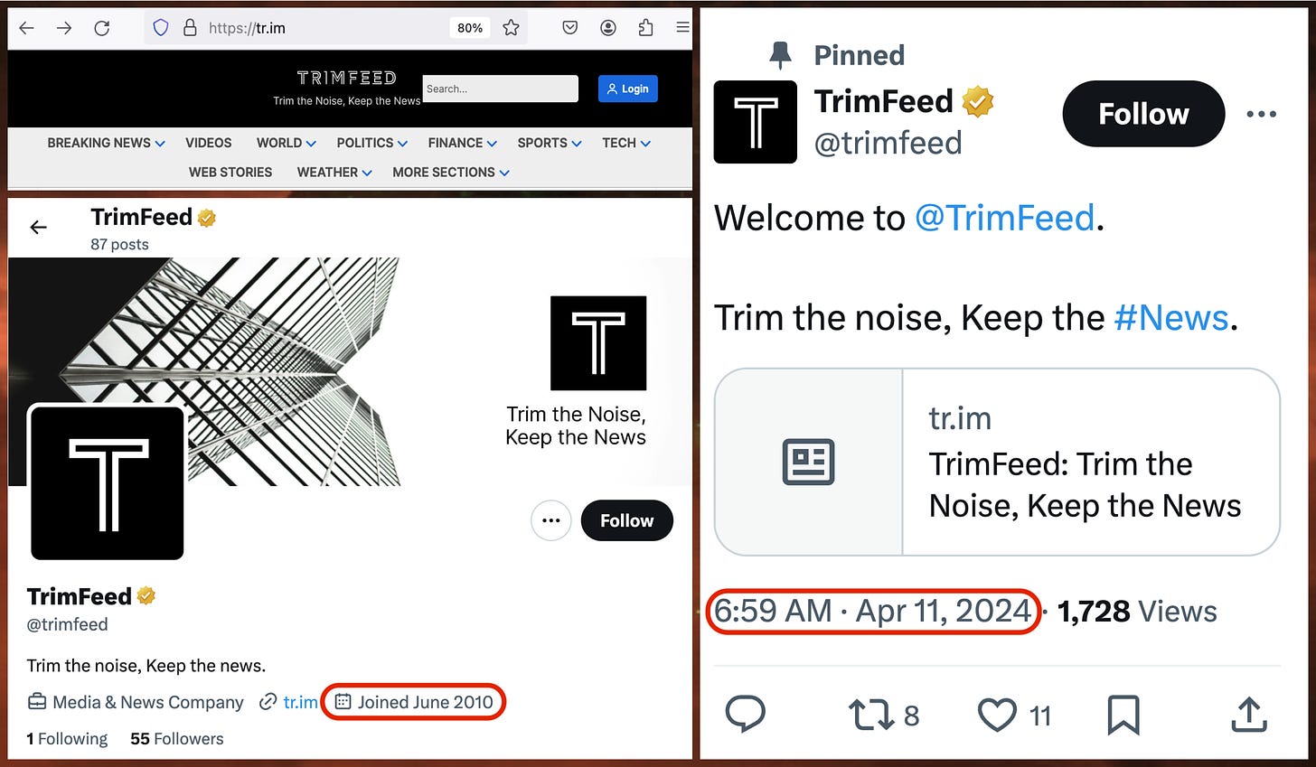 screenshots of the banner of the Trimfeed website (tr.im), the profile of the @trimfeed X account, created June 2010, and the oldest visible post from @trimfeed, dated April 11th 2024