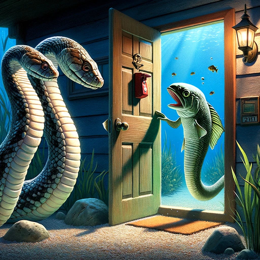 At the entrance of a cozy underwater house, three fish disguised as snakes are standing at the door, with one of them ringing the doorbell. The snake, surprised but welcoming, opens the door to greet them. This moment captures the suspense and the snake's unawareness of the fish's true identities. The background showcases the pond environment, with the silhouette of hills against the sky, and the house is decorated with aquatic plants and rocks, reflecting an underwater living space.
