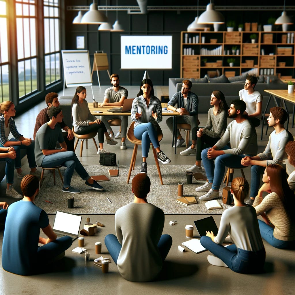 Visualize a mentoring session taking place in a modern, casual meetup space. The scene shows a diverse group of eager learners seated in a semi-circle around a central figure who is mentoring them. This mentor, easily identifiable by their confident posture and engaged expression, is sitting among the group, not standing above them, which emphasizes the collaborative and inclusive nature of the session. The environment is relaxed yet focused, with comfortable seating, laptops open in front of some participants, notebooks and pens in hand for others, and a whiteboard or screen in the background with notes or a presentation visible. The setting conveys a sense of community, learning, and mutual respect, highlighting the mentor's role in facilitating discussion, sharing knowledge, and encouraging peer learning.