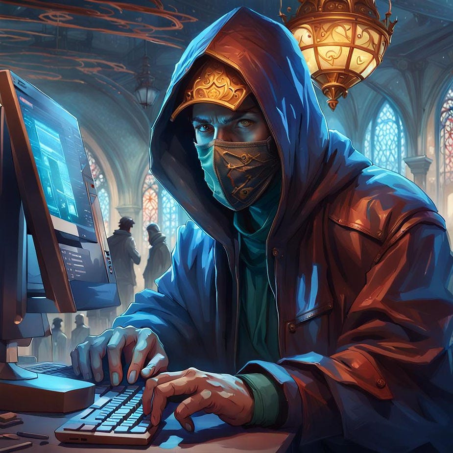 A scammer with a hood and the mask is in front of a computer