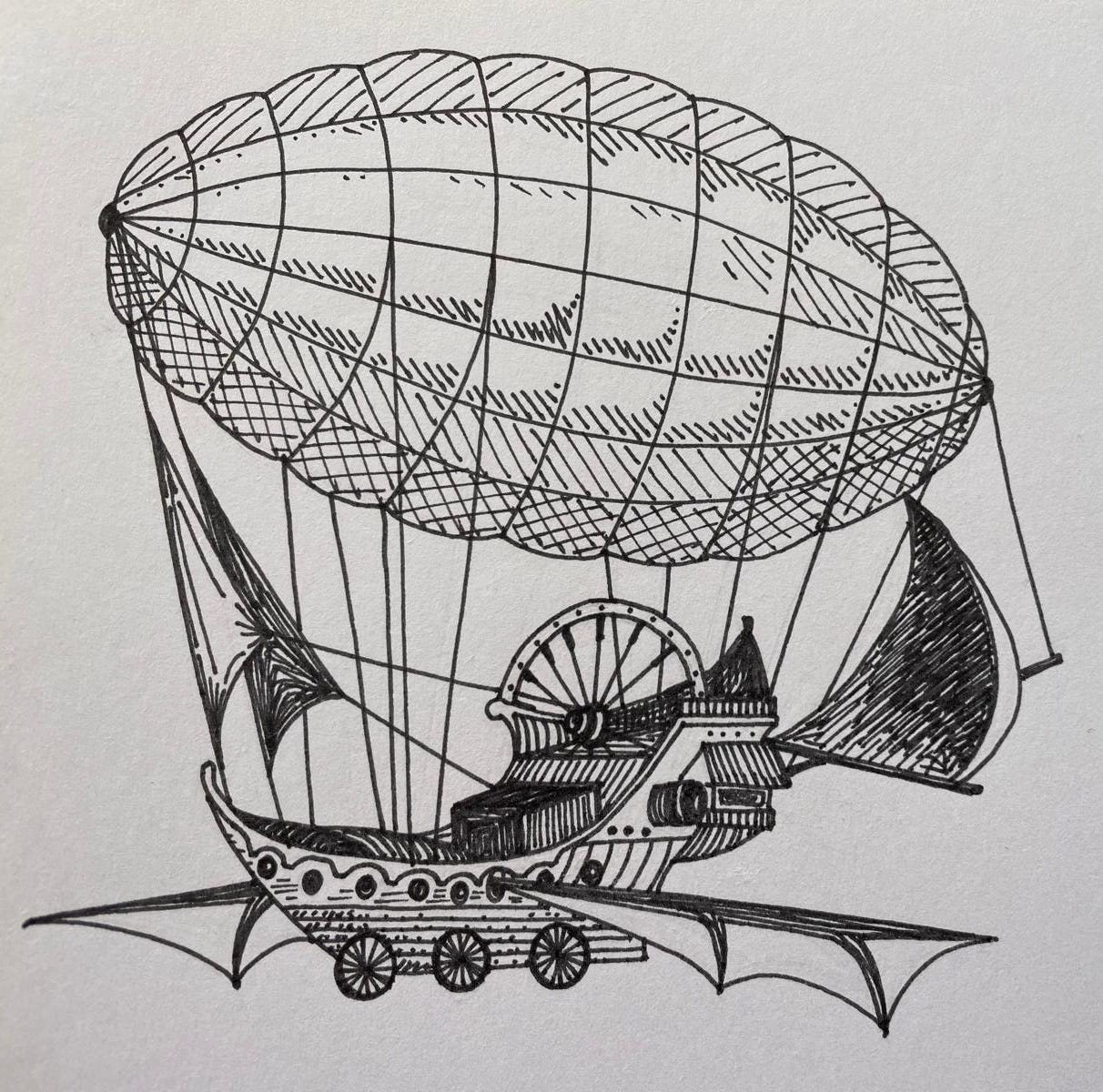 An ink illustration of a blimp attached to a wooden ship with sails, dragon-like wings, and bicycle wheels