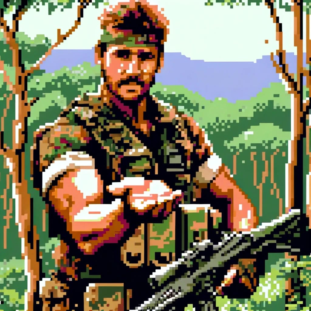 In an 8-bit video game cutscene style, depict a mercenary soldier in a bush war. The soldier is rugged, wearing combat attire suitable for a bushland environment. He is extending his hand out for payment. The background should show a dense bushland setting, with an emphasis on greens and browns to represent the natural environment. The image should have a pixelated, retro video game look, characteristic of 8-bit graphics.