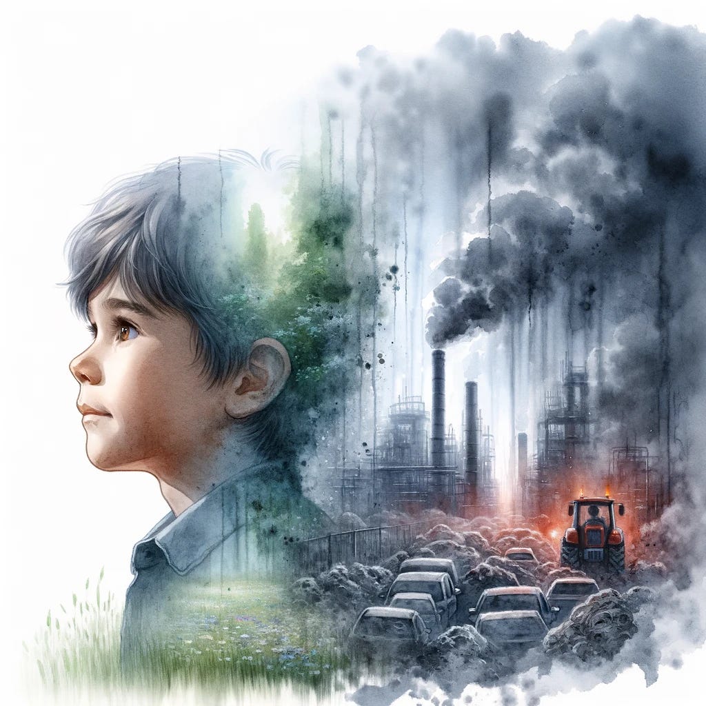 Watercolor artwork of a child with a hopeful gaze. The scene transitions to reveal an older, introspective version of him, surrounded by a misty and polluted backdrop, emphasizing the passage of time and the toll of environmental decay.