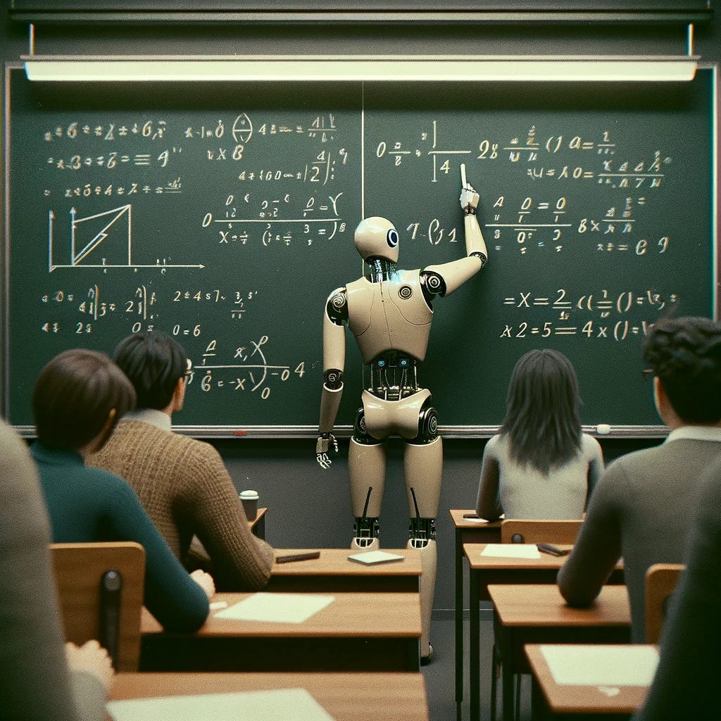 In a classroom setting, a humanoid robot stands in front of a blackboard filled with complex mathematical equations and diagrams. The robot, which appears to have a cream-colored body with black joints and a smooth, head-shaped sensor array, is pointing at a specific part of the board with its right hand. In the foreground, we see the backs of three students seated at desks, attentively facing the blackboard. The scene suggests a futuristic educational environment where robots are integrated into teaching roles.