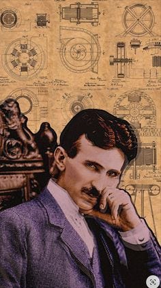 This may contain: a drawing of a man in a suit and tie talking on a cell phone with technical drawings behind him