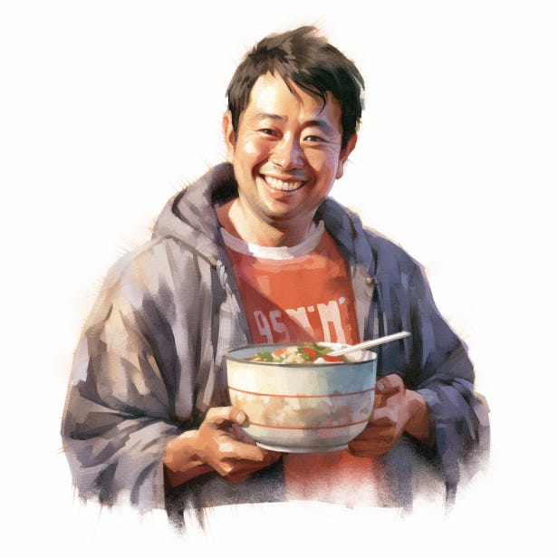 A smiling man holding a bowl of noodles