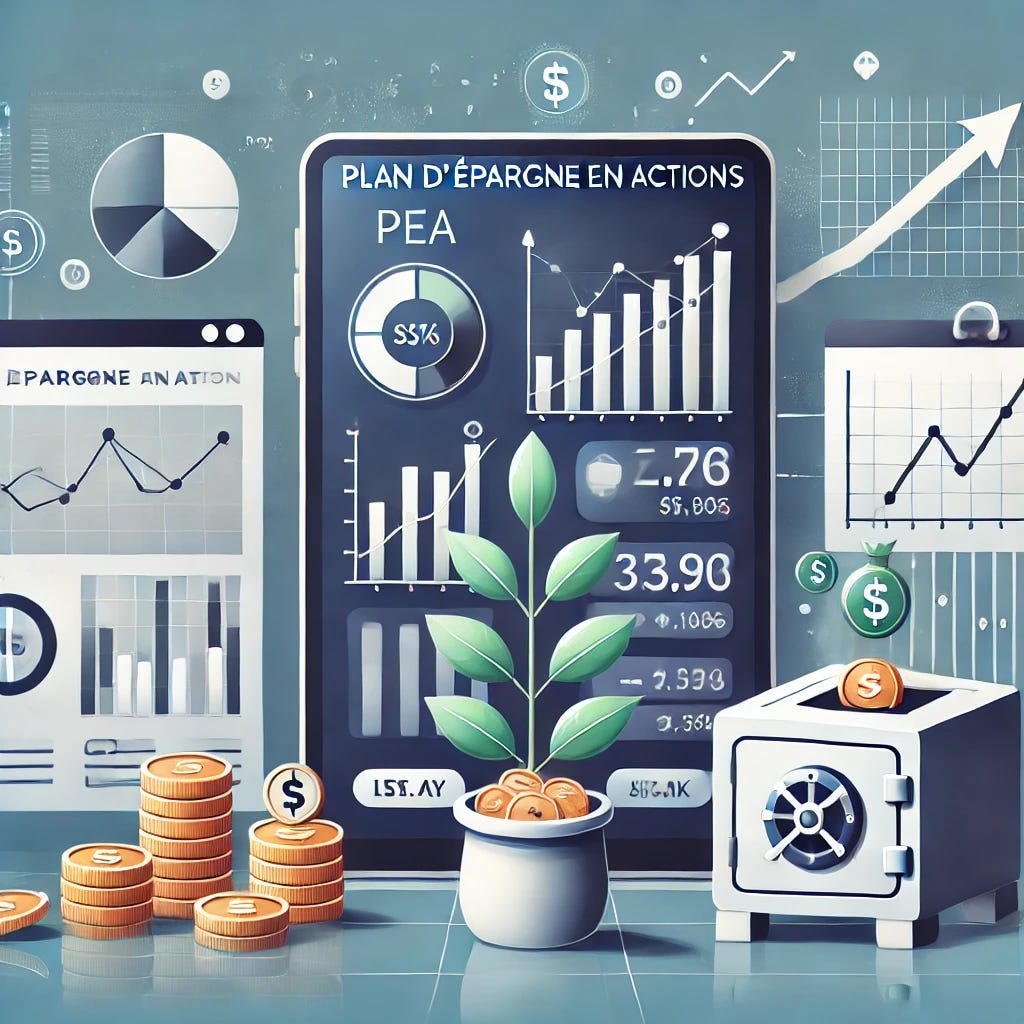 An illustration representing a PEA (Plan d'Épargne en Actions) investment account. The scene displays a modern digital interface on a smartphone or tablet showing investment charts, stock symbols, and financial graphs, illustrating portfolio growth and management. Background elements like a plant growing from coins, a safe, and upward-trending arrows convey security and potential growth. The style is clean, professional, and evokes a sense of financial planning and future-oriented investing.