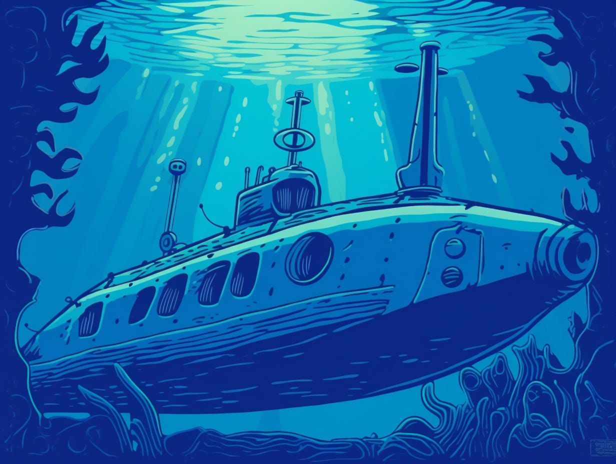 An illustration of a submarine below the surface with light shining down and weeds below