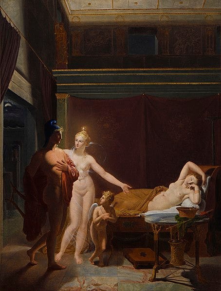 A photograph of an oil painting showing a nude goddess with  a crown gesturing to a semi nude woman reclining on a bed in front of a somewhat surprised warrior occluded by shadows