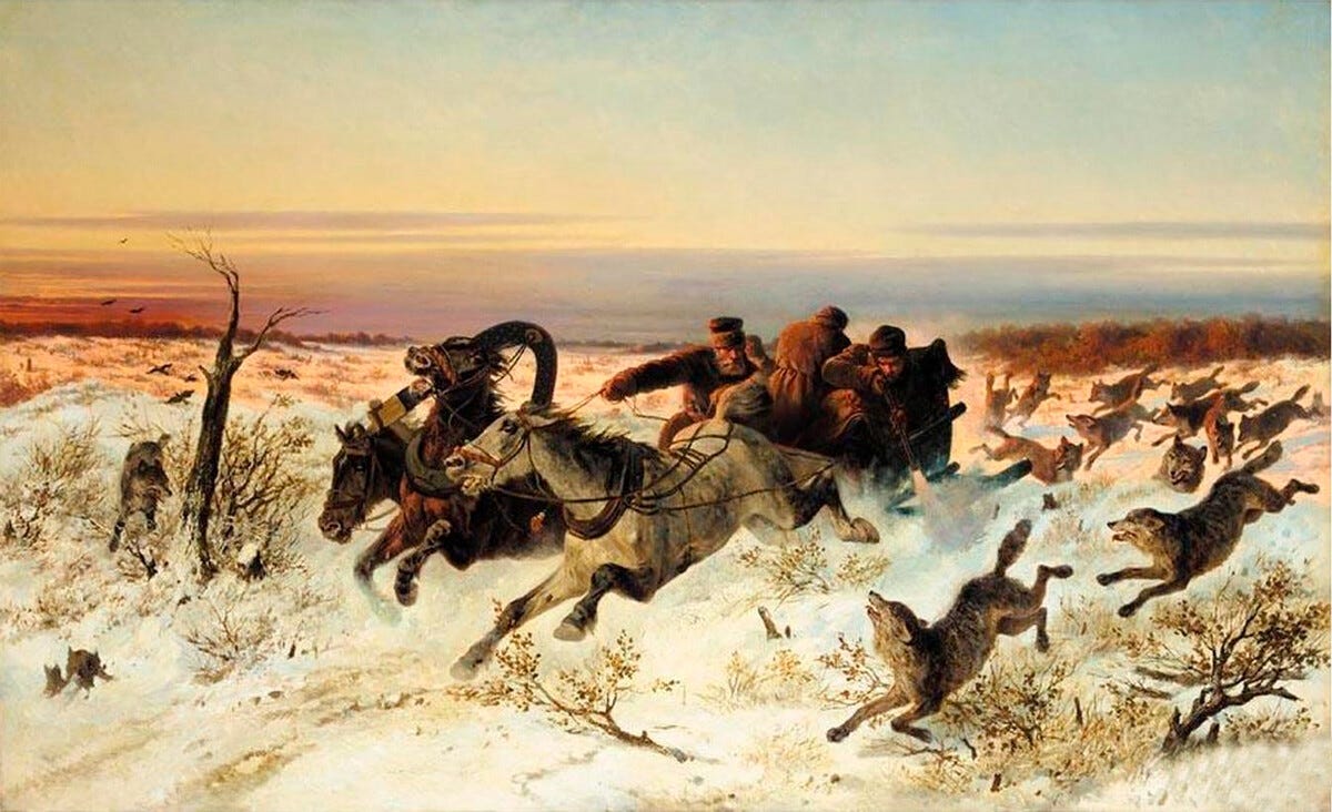 Painting of Russians in sleigh with rifles pursued by wolf pack