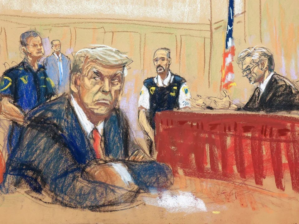 Former President Donald Trump looks over his shoulder in court for an arraignment. Justice Juan Merchan and two security personnel are seen in the background.