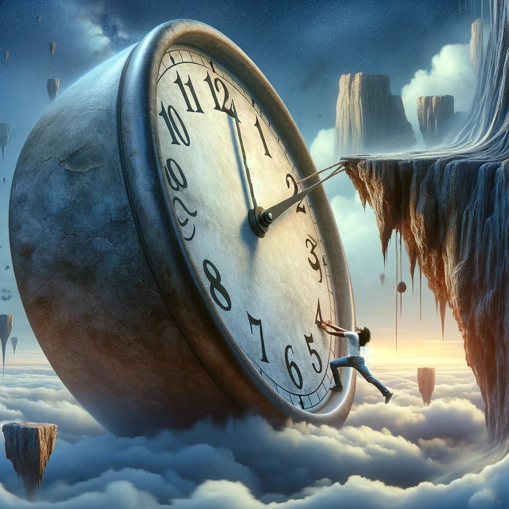 A surrealistic image representing the concept of being caught between a clock and a hard place. Visualize a person squeezed between a massive, looming clock face and an imposing, rugged cliff. The clock hands are moving rapidly, casting long, distorted shadows that blend with the craggy textures of the cliff, creating a sense of urgency and pressure. The person is depicted in a dynamic pose, attempting to push back against the clock with one hand while bracing against the cliff with the other, symbolizing the struggle against time constraints and difficult situations. The background is a dreamlike landscape that further enhances the surrealism of the scene, with floating islands and a sky that transitions from day to night in a gradient, symbolizing the passage of time and the surreal nature of the predicament.