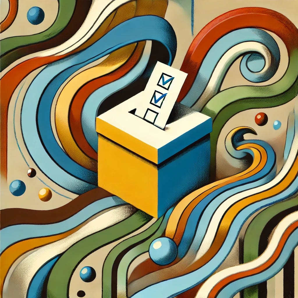 An abstract painting representing the idea of democracy and representation. The central object is a simplified ballot box, depicted with clean, geometric shapes in bright colors like red, yellow, and blue. Surrounding it are abstract, flowing shapes in shades of green, blue, brown, and black, symbolizing the natural, dynamic atmosphere of public choice and decision-making. The composition feels flat and decorative, with visible brushstrokes adding texture. The focal point evokes a sense of freedom and independent will, while maintaining a playful, peaceful aesthetic.