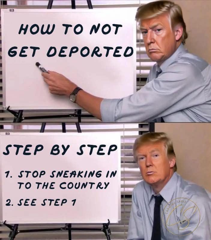 May be an image of 2 people and text that says 'HOW to NOT GET DEPORTEO STEP By STEP 1. STOP SNEAKING IN to THE COUNTRY 2. SEE STEP 1 G SABIA'