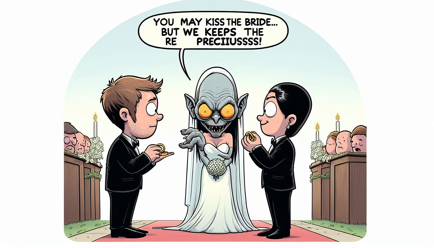 Cartoon illustration: Smeagol is officiating a wedding, holding two rings aloft with a greedy expression, while the couple stands in front of him at the altar. The groom and bride are looking at each other, ready to kiss. Smeagol says, 'You may kiss the bride... but we keeps the preciousss!' The background shows a simple wedding setting.