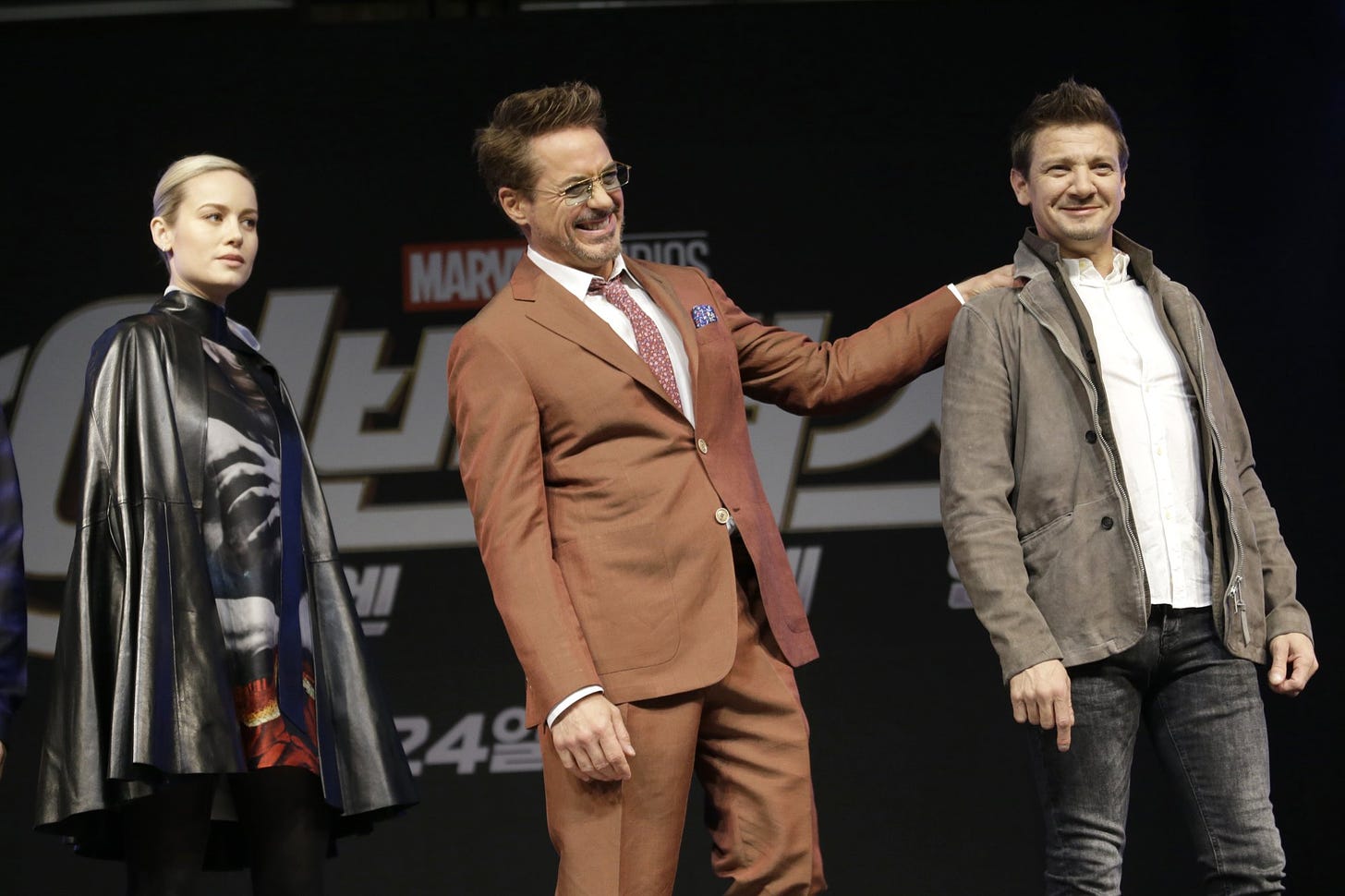 brie laron robert downey jr and jeremy renner at avengers endgame premiere