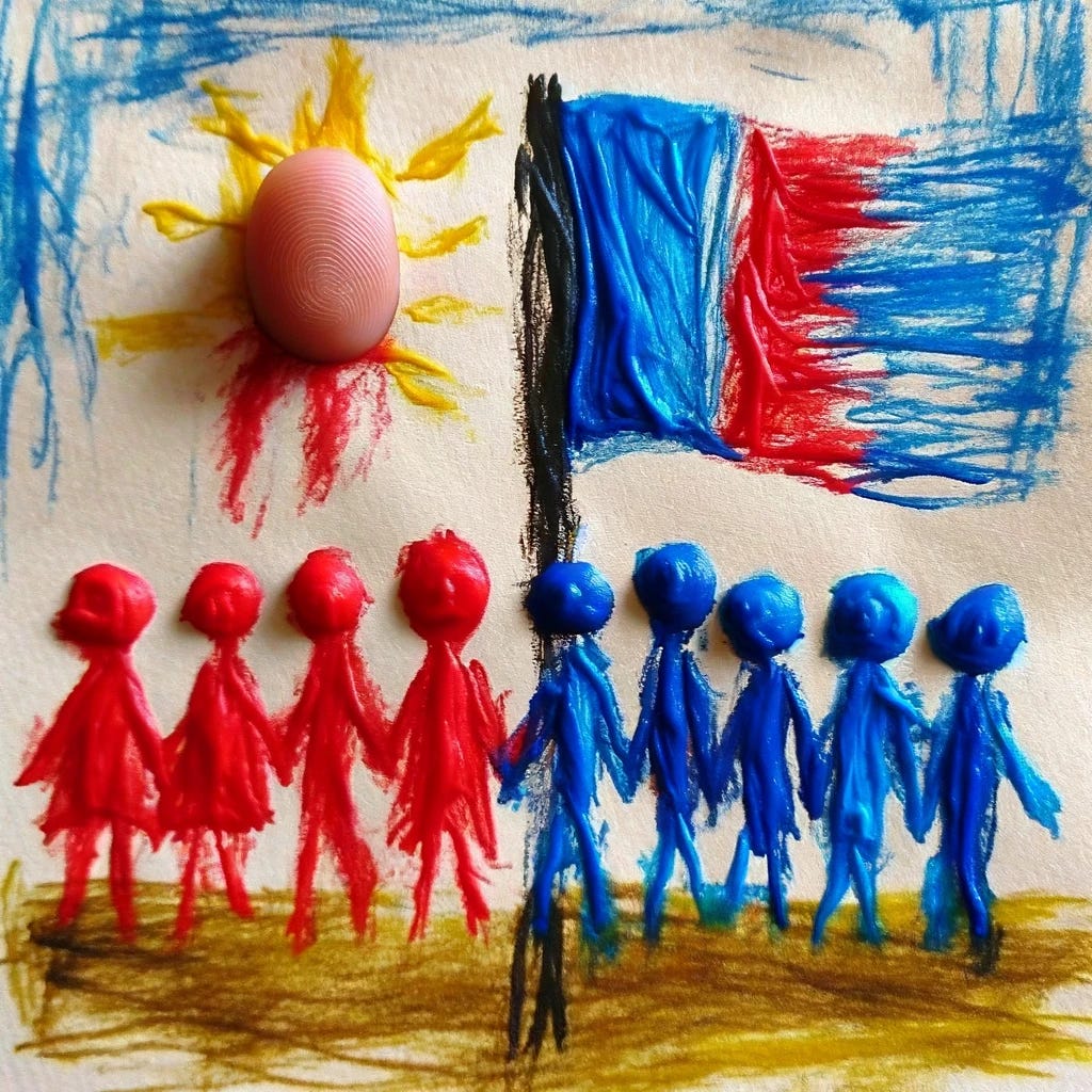 A finger painting by a first grader depicting the concept of 'tribalism.' The painting shows two groups of stick figures, each group wearing different colors to represent different tribes. One group is in red, the other in blue. Between them is a simple drawing of a flag, half red and half blue, symbolizing a division. The background is a mix of yellow and green, representing a basic landscape. The art is very simple and childlike, resembling something a first grader would create.