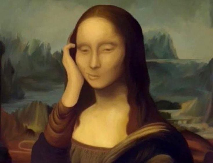This may contain: a painting of a woman holding her hand to her ear