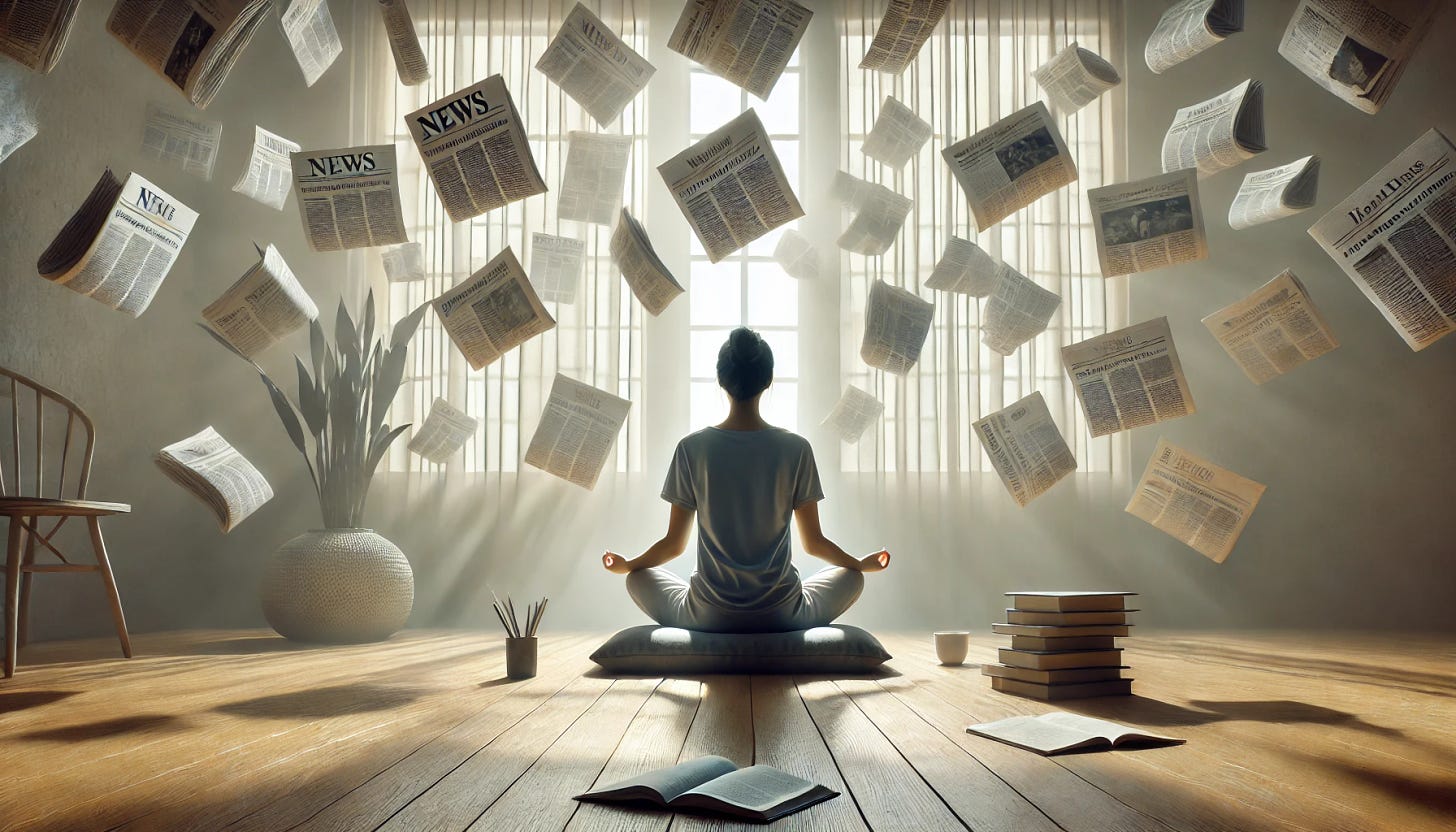 A serene, minimalist room with soft, natural light streaming through large windows. In the center, a woman sits cross-legged on a cushion, in deep meditation. Surrounding her, newspapers float and circulate in the air, symbolizing the overwhelming presence of news. Despite the chaos around her, she remains calm and centered, emphasizing the theme of staying present and disconnected from the chaos of modern life. Now, she is volunteering, helping others in a community setting. The atmosphere is still tranquil, with books, a journal, and a simple cup of tea nearby, enhancing the focus on mindfulness and self-reflection.