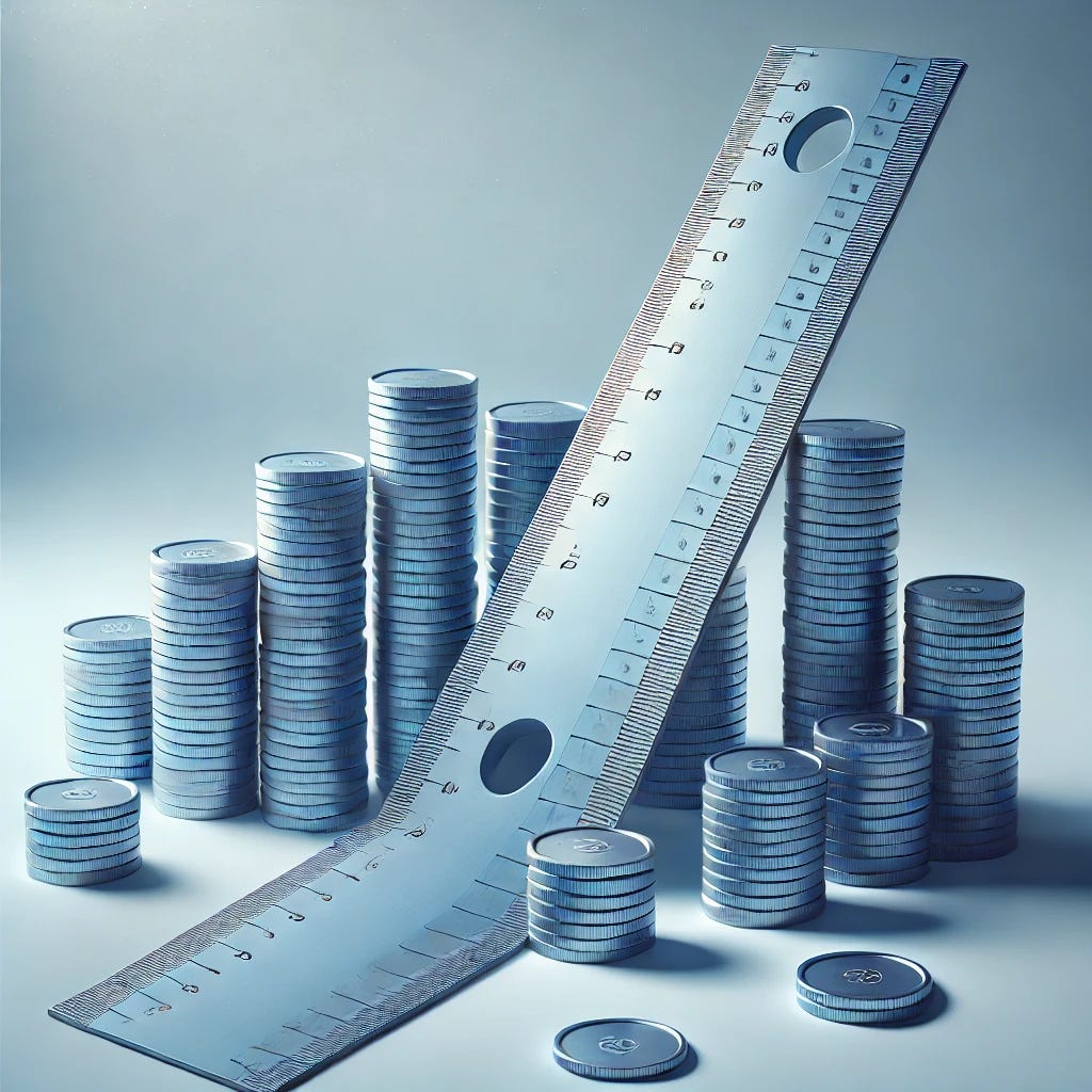A clean, symbolic, editorial-style illustration in cool blue tones. A semi-realistic, slightly cracked or bent ruler lies across stacks of coins. The ruler is too short or warped, symbolizing mismeasurement and underestimation. The stacks of coins vary in height and rise beyond the length of the ruler, creating a sense of mismatch. Soft directional lighting creates gentle shadows and gradients, emphasizing spatial depth. The scene is minimalistic, modern, and polished, with a subtle spotlight on the ruler and coins. No text, purely symbolic and professional.