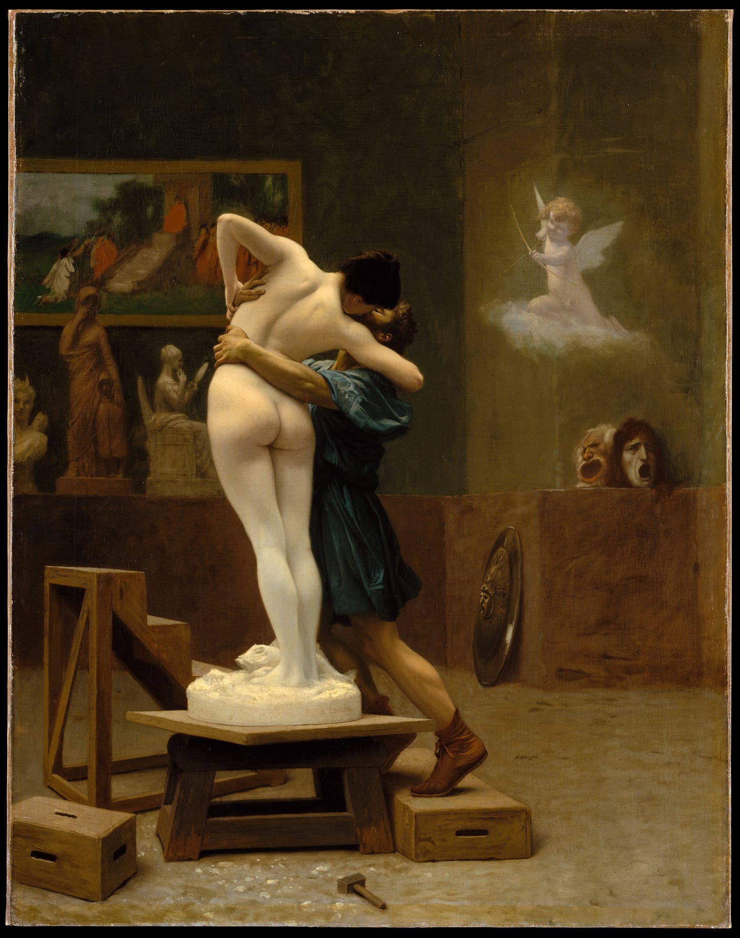 A marble statue of a woman comes to life as her male sculptor climbs the stand to kiss her inside his art studio, filled with other paintings and statues. 