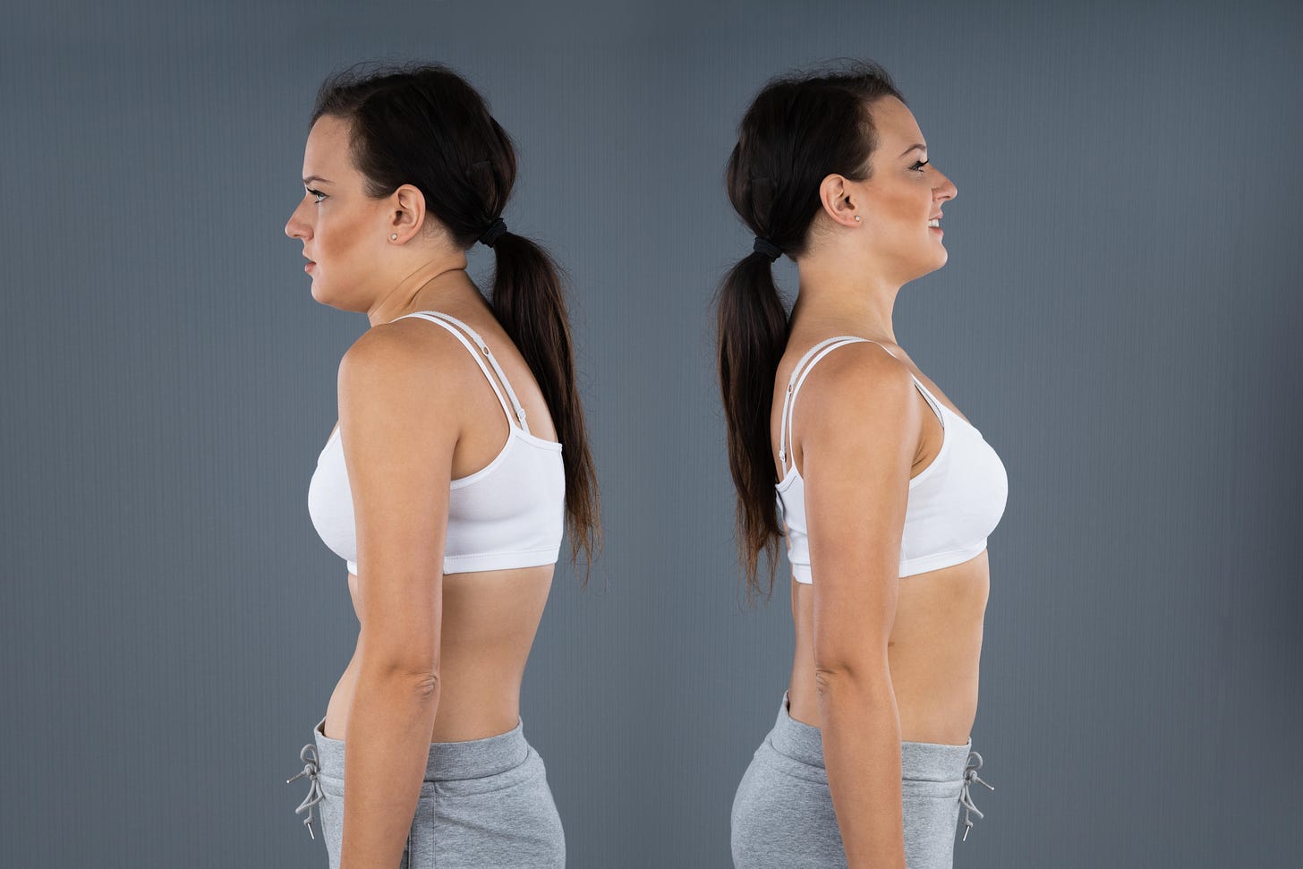 Woman With Kyphosis And Normal Curvature Against Grey Background 