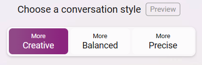 Bing AI's conversation style selection menu.