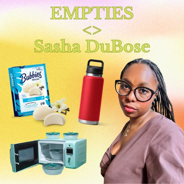Headshot of Sasha with a box of mochi ice cream, Yeti water bottle, and microwave dishes