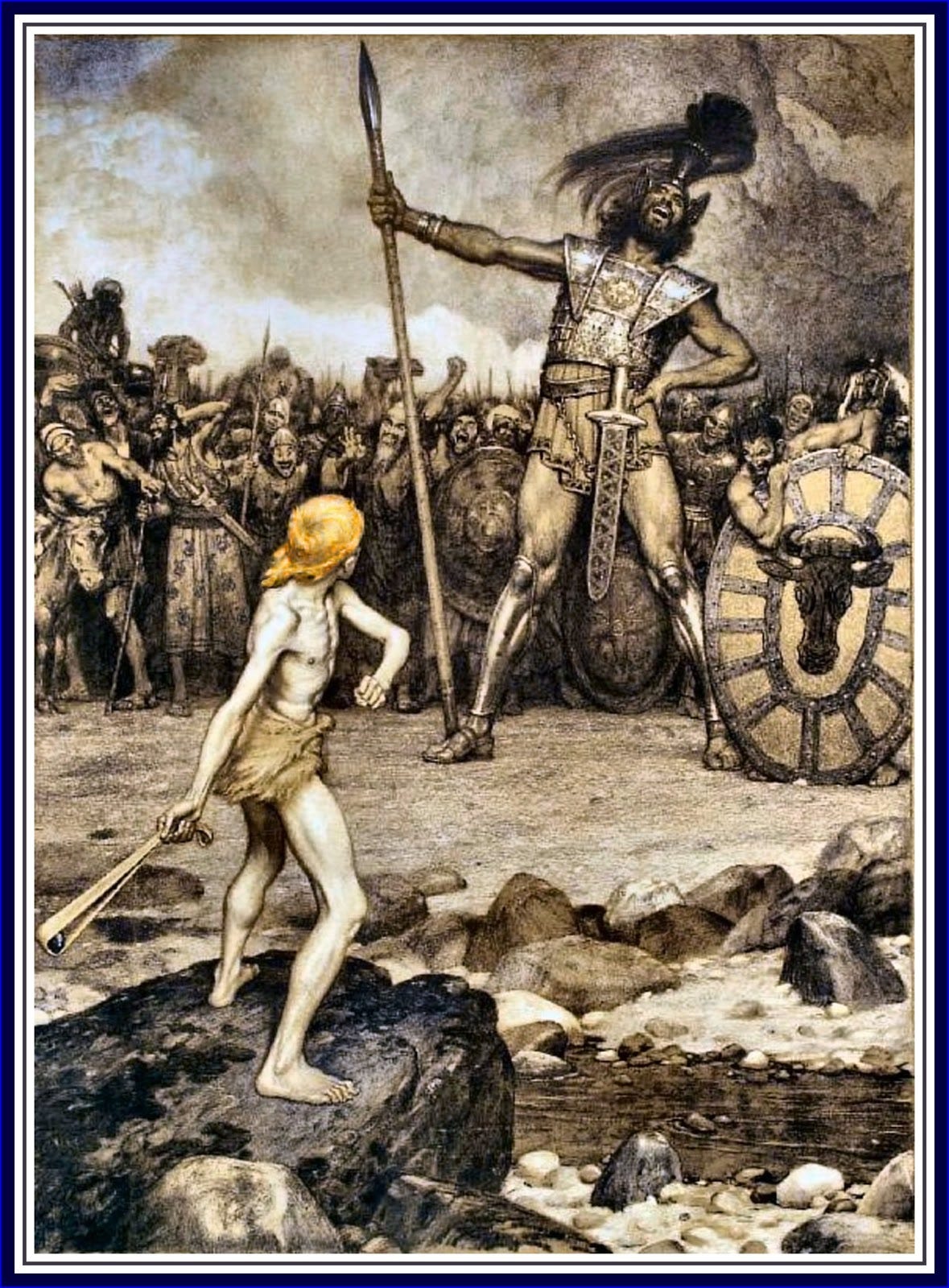 Lithograph of David preparing to sling stones at Goliath.