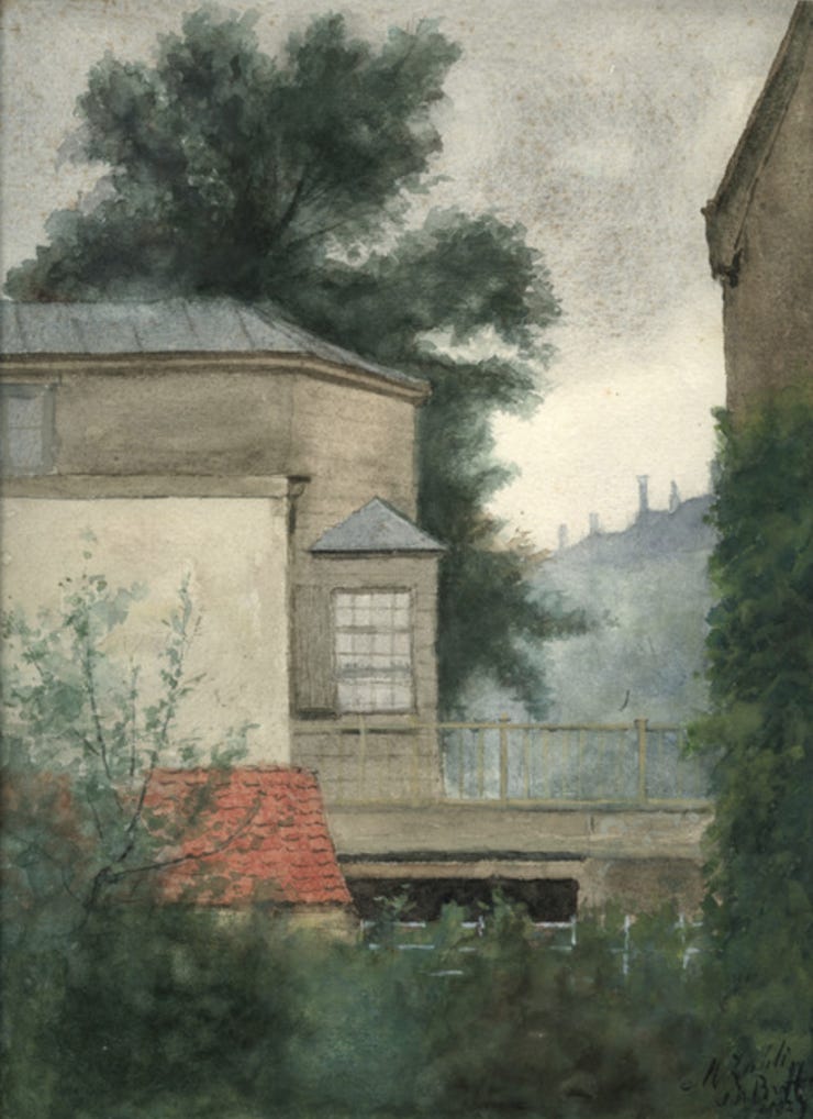 'Het atelier van de schilder Jozef Israëls in de tuin achter zijn woning aan de Koninginnegracht 2, Den Haag (gezien vanuit de Houtweg 7) 1882 - aquarel: Maria Zubli-van den Berg van Heemstede (herkomst: coll. Haags Gemeentearchief) 'Het atelier van de schilder Jozef Israëls in de tuin achter zijn woning aan de Koninginnegracht 2, Den Haag (gezien vanuit de Houtweg 7) 1882 - aquarel: Maria Zubli-van den Berg van Heemstede (herkomst: coll. Haags Gemeentearchief)