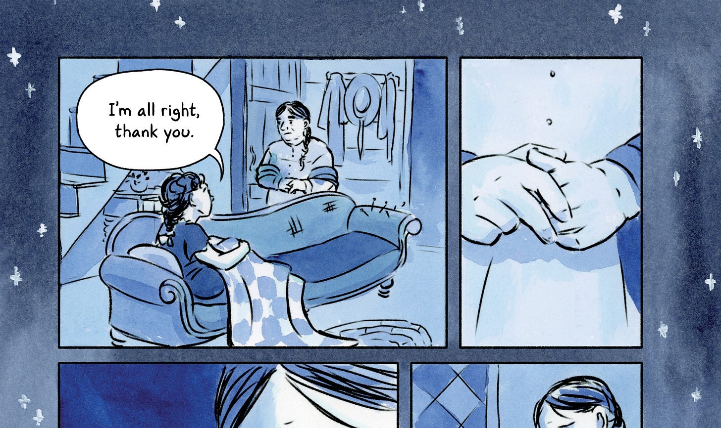 Example of a nighttime scene and panel borders in K. Woodman-Maynard’s Tuck Everlasting: The Graphic Novel