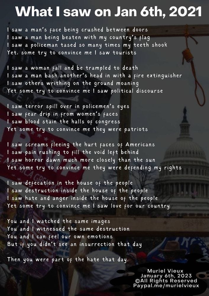 Muriel Vieux's poem titled "What I Saw On Jan 6, 2021"