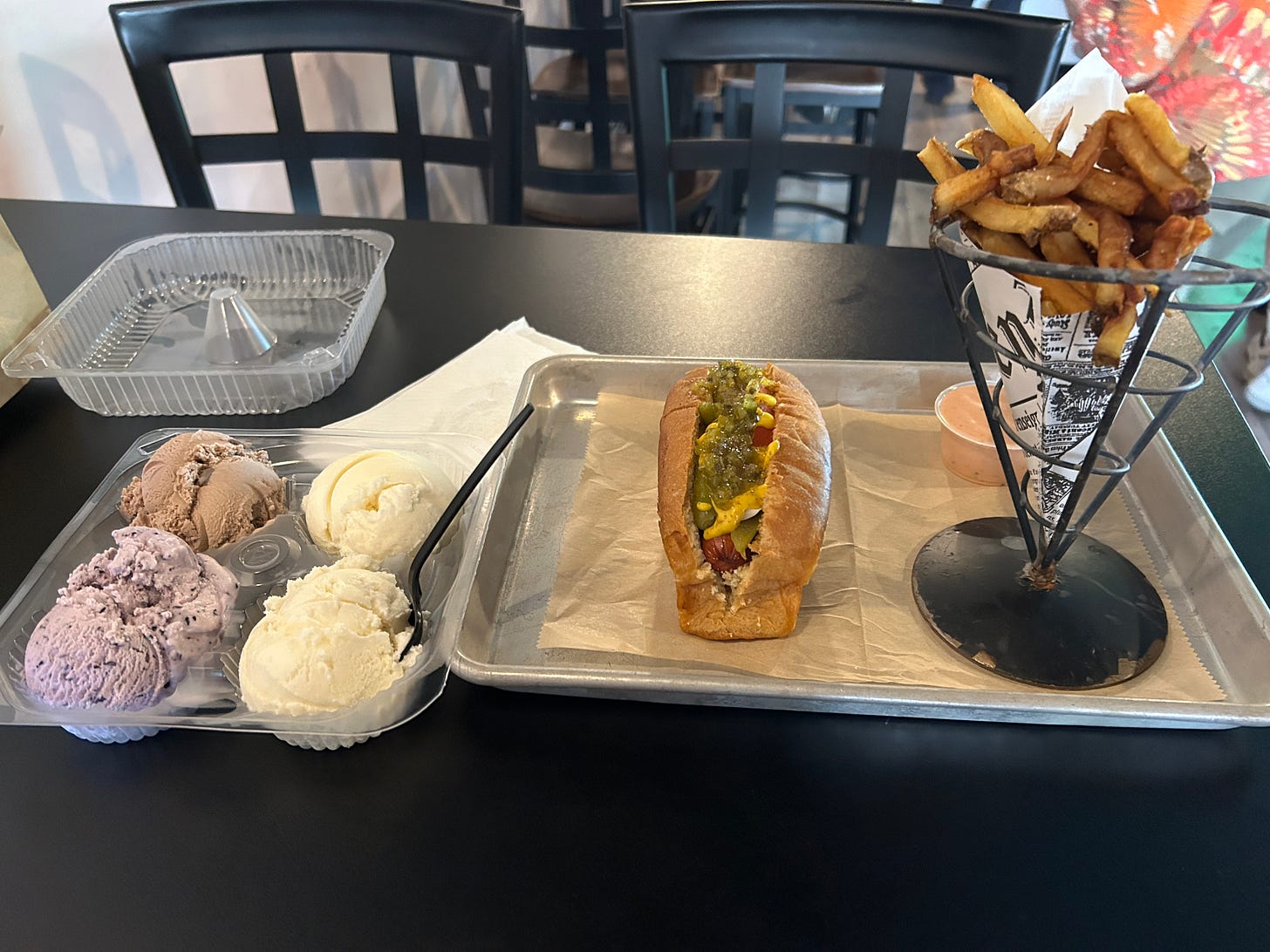 ice cream flight, hot dog, and frites from Alaura Kitchen