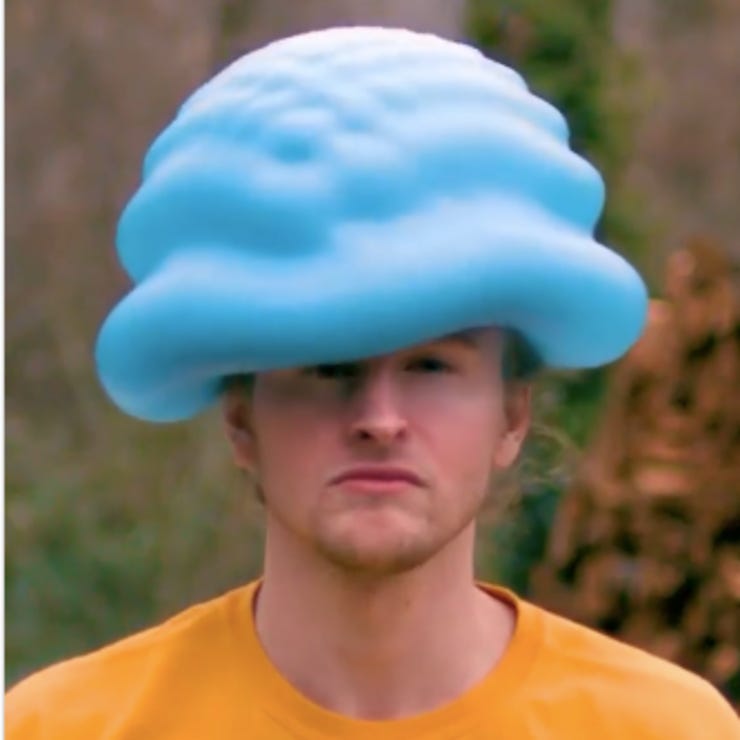 My, what a jaunty water balloon hat you're wearing.