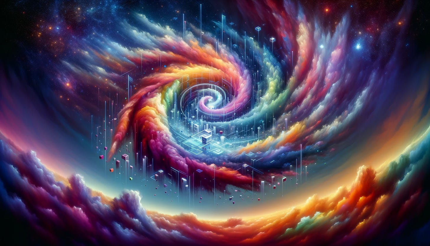 A vibrant, wide-format image illustrates a tumultuous storm of chaos, depicted as a whirlwind of vivid colors and abstract shapes, converging into a sleek, geometric structure representing an intelligent system. The backdrop features a cosmic array of stars and nebulae, enhancing the dramatic transformation from disorder to order, symbolizing the emergence of creativity and intelligence from chaos.