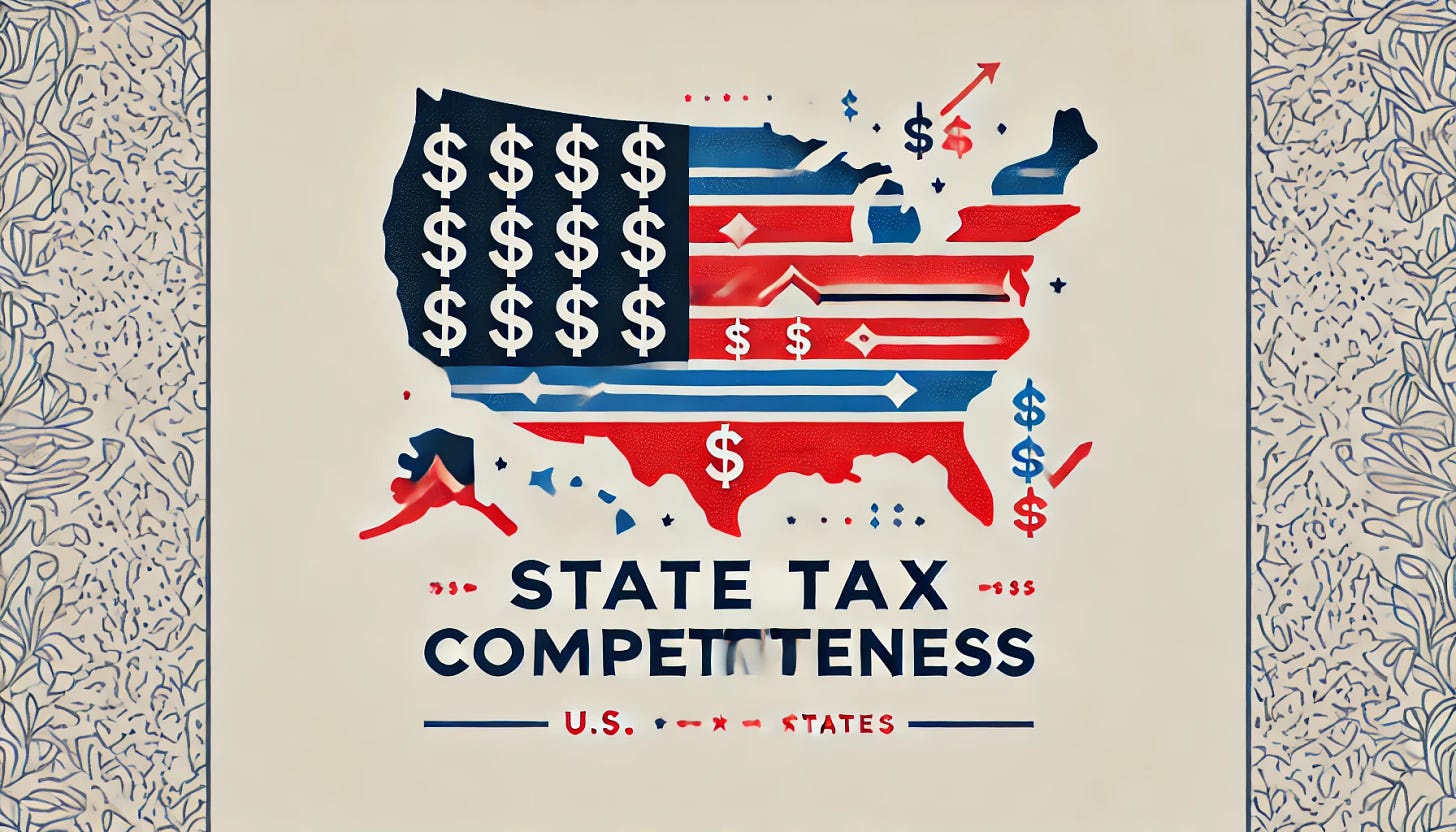 A minimalist landscape graphic using red, white, and blue to represent 'State Tax Competitiveness.' The design features a U.S. map outline with dollar signs and arrows, symbolizing tax competitiveness among states. The style is clean and simple, with a patriotic color scheme and only the title as text.