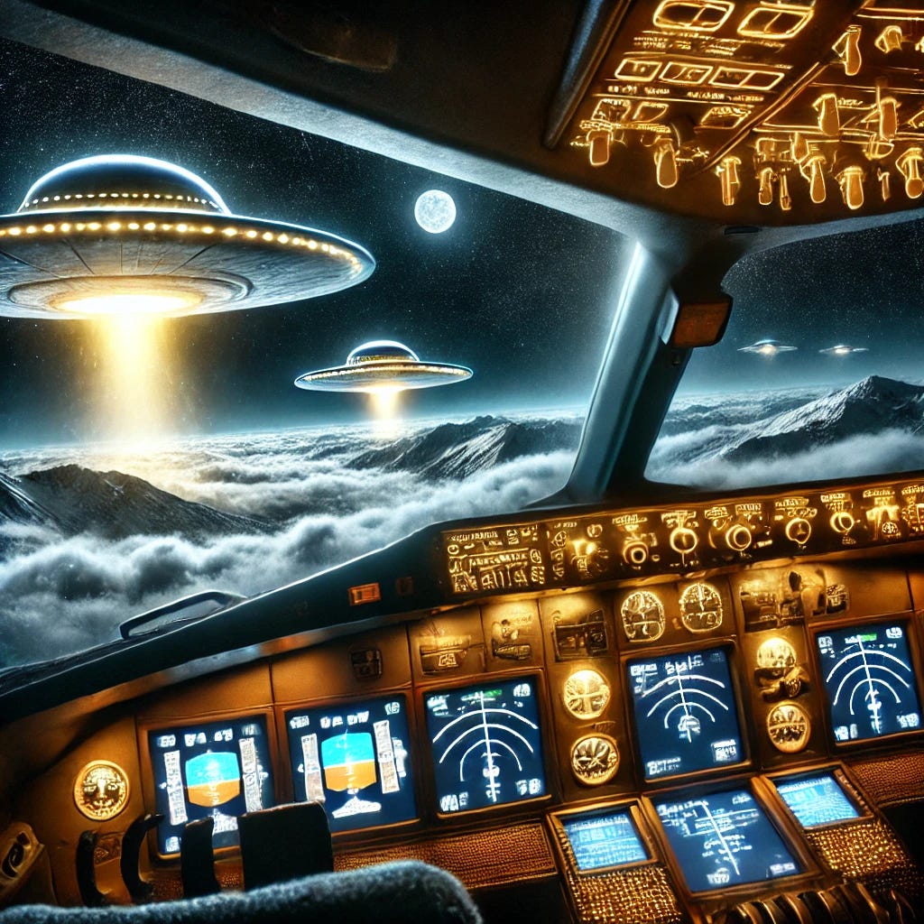 A dramatic depiction of the Japan Airlines Flight 1628 UFO encounter. A large commercial aircraft flies over the icy wilderness of Alaska at night, its cockpit illuminated with glowing radar screens detecting **two enormous, glowing unidentified objects** in the dark sky. The UFOs emit an intense golden light, clearly separate from each other, hovering ominously side by side. Their metallic, otherworldly surfaces pulse with energy, casting eerie reflections onto the clouds below. The pilot, visible through the cockpit window, looks in shock and disbelief as the massive objects maintain perfect formation beside the plane. The sky is almost pitch-black, with faint stars barely visible, adding to the overwhelming sense of mystery and tension. The snow-covered mountains below appear faintly illuminated by the eerie light, creating a surreal and chilling atmosphere.