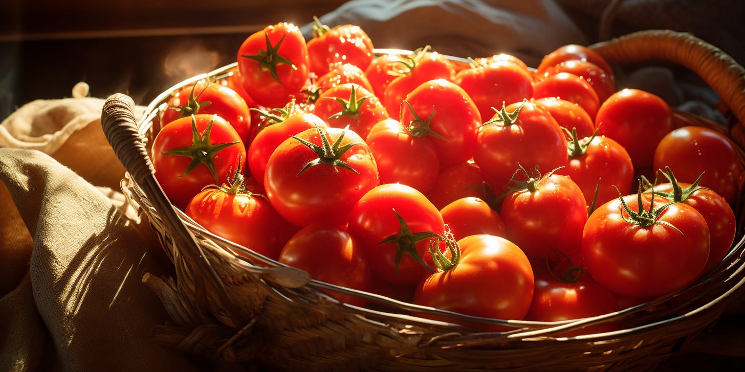 AI generated basket of red tomatoes with sunlight streaming in.