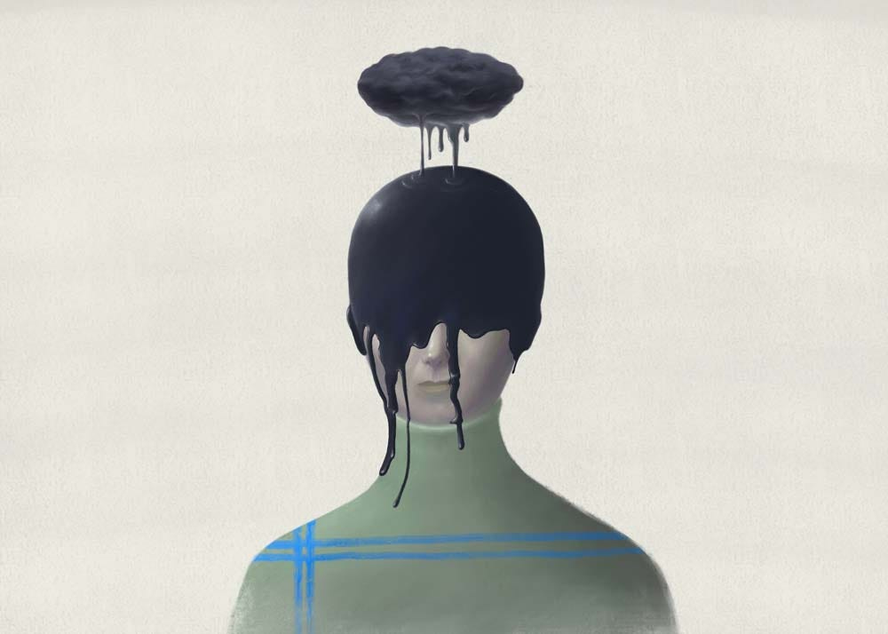 Illustration of anxiety and negative self-talk — woman’s head covered by black cloud and her face covered in black ink, not able to think clearly.