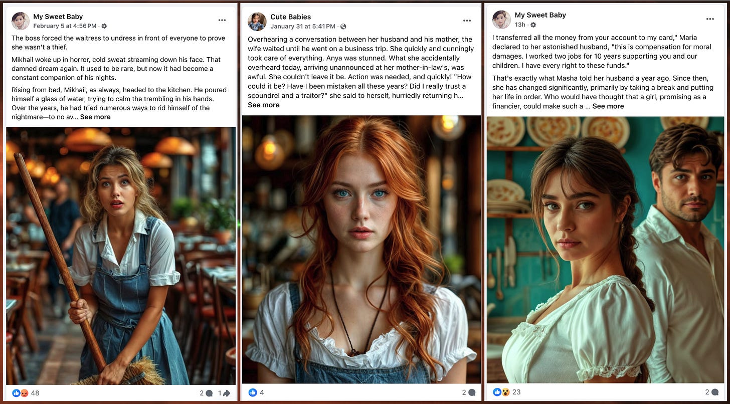 three Facebook posts featuring AI-generated images accompanied by lengthy anecdotes