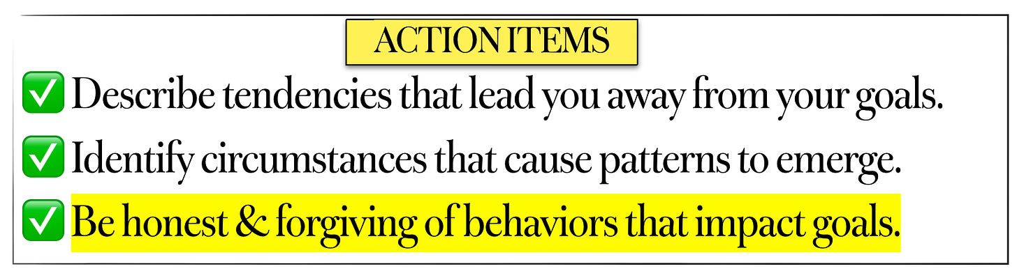 Action items: 1) Describe tendencies that lead you away from your goals 2) Identify circumstances that cause patterns to emerge 3) Be honest and forgiving of behaviors that impact goals.