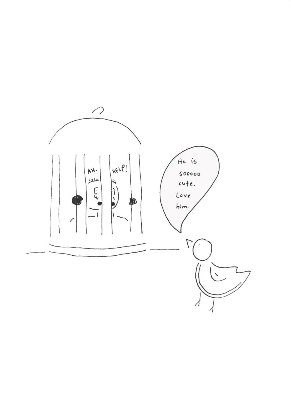 A bird in a cage and a bird

Description automatically generated